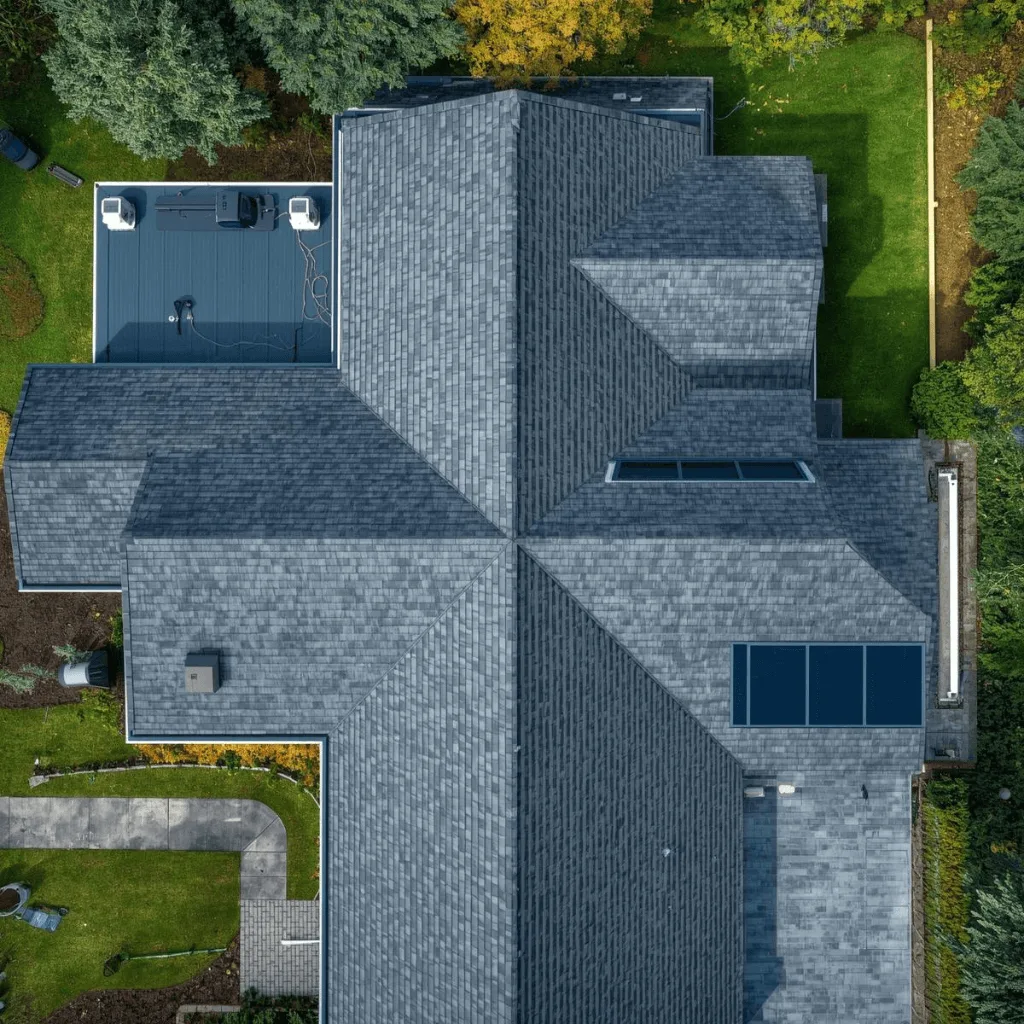 Aerial view of a roof with solar panels during an insurance claim inspection